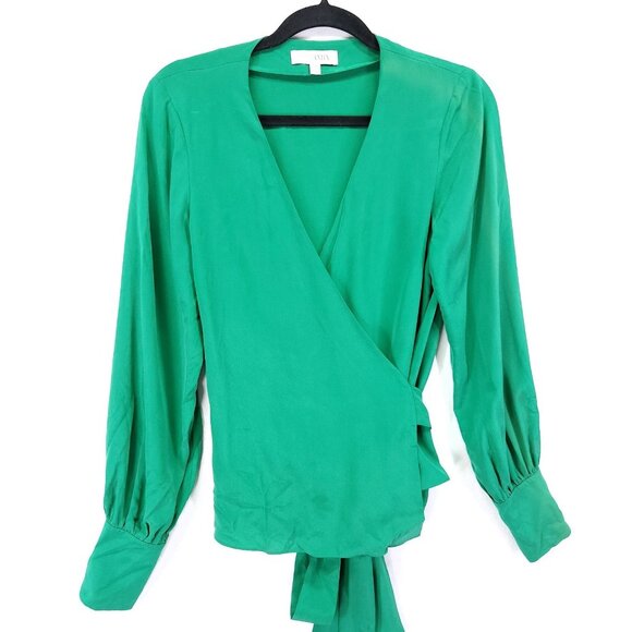 Intermix Silk Wrap Blouse Size 4 Green Long Sleeve Button Wrist - Picture 1 of 14